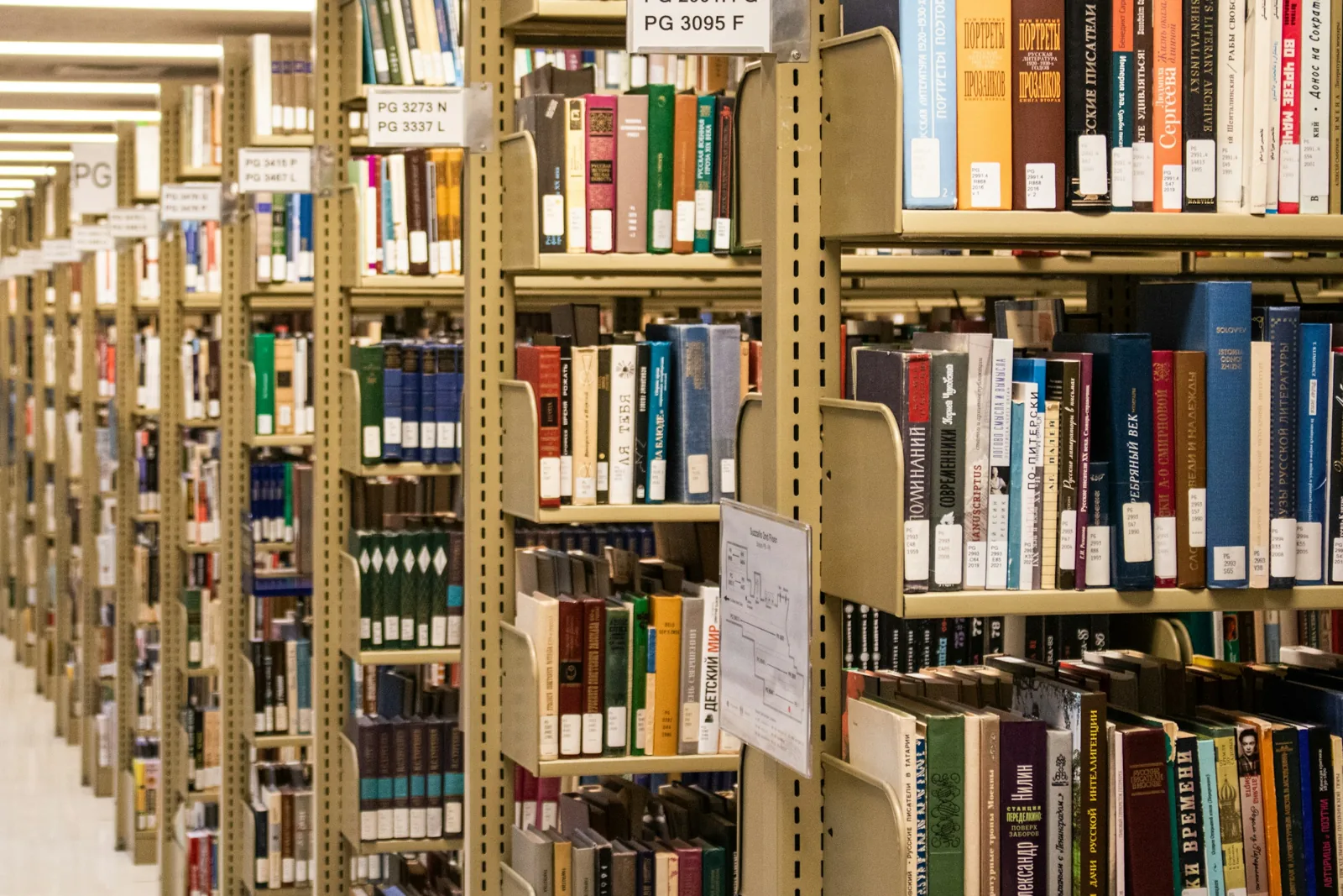 圖書館一排排書架，架上貼著分類號標籤